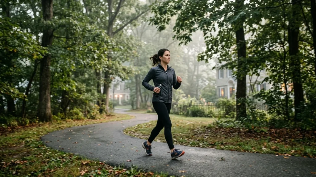 Adult taking a brisk morning walk, a better calorie burner than the answer to how many calories does masturbation burn suggests