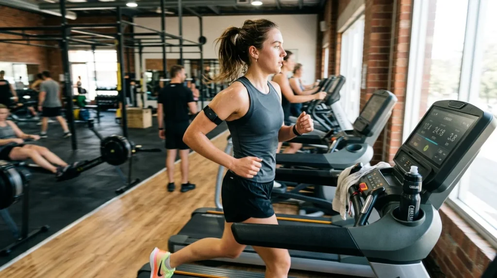 Treadmill session with an armband sensor, the method used to study how many calories does masturbation burn compared with exercise