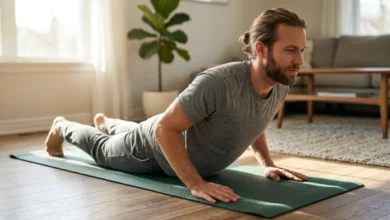 Cobra Stretch: How to Do It Safely (Step-by-Step) 18 Person holding a cobra stretch on a yoga mat at home