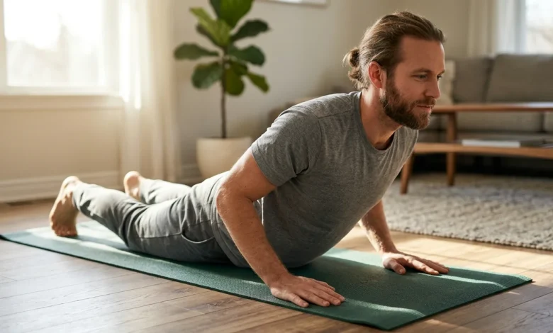 Cobra Stretch: How to Do It Safely (Step-by-Step) 13 Person holding a cobra stretch on a yoga mat at home