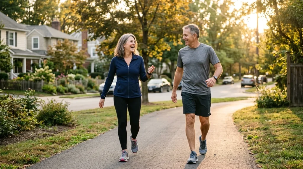 Couple walking after dinner as a habit to help get rid of inflammation