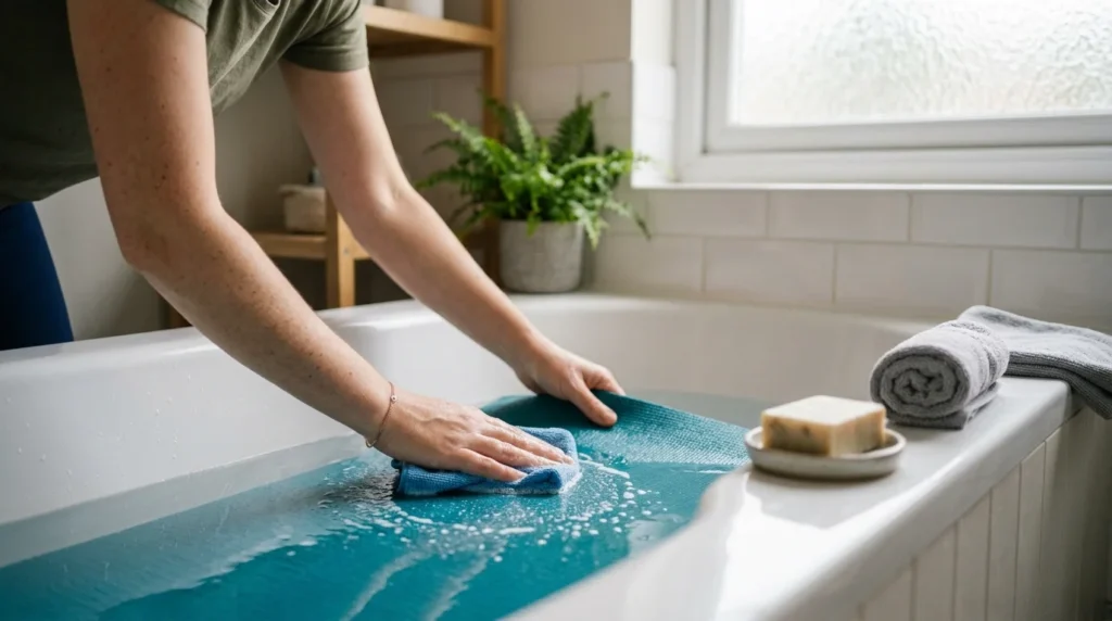 How to Clean a Yoga Mat Without Damaging the Grip 15 Person scrubbing a blue mat in a bathtub to show a deep method for how to clean a yoga mat