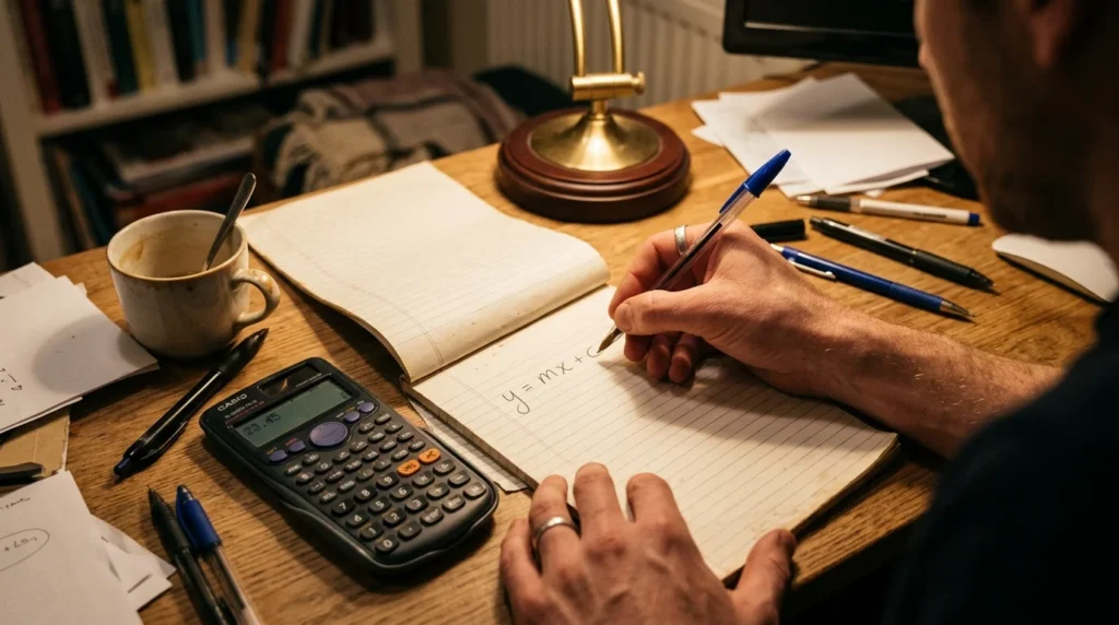 Notepad and calculator showing the math behind how many calories does masturbation burn