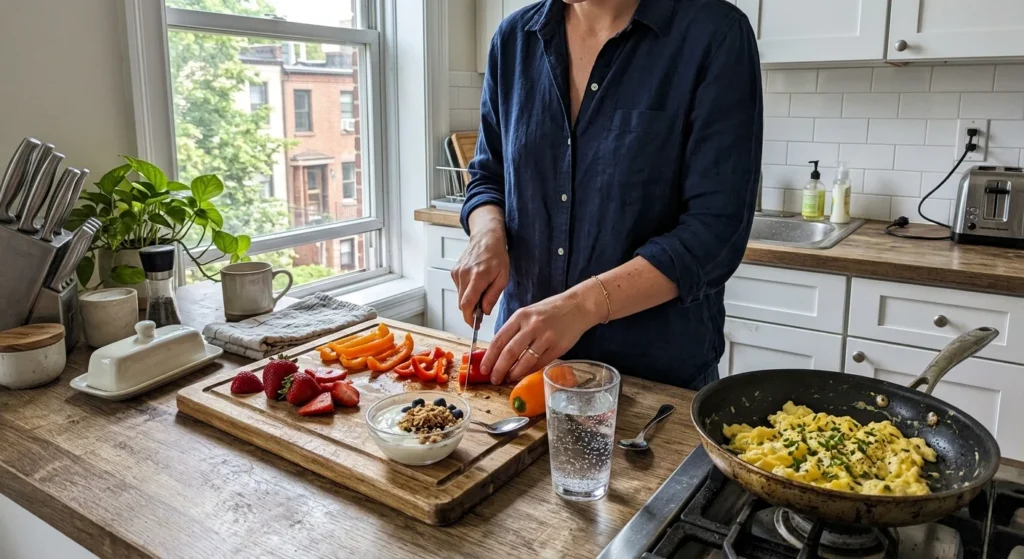 Protein and vitamin C meal prep on a kitchen counter to help tighten skin after weight loss naturally