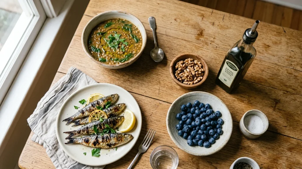 Table of foods to reduce inflammation including fish, berries, nuts, and olive oil