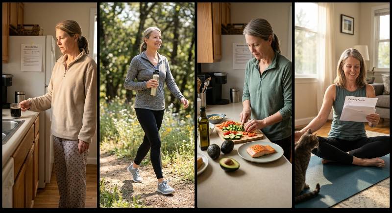 A four-panel grid illustrating a lifestyle transformation journey: