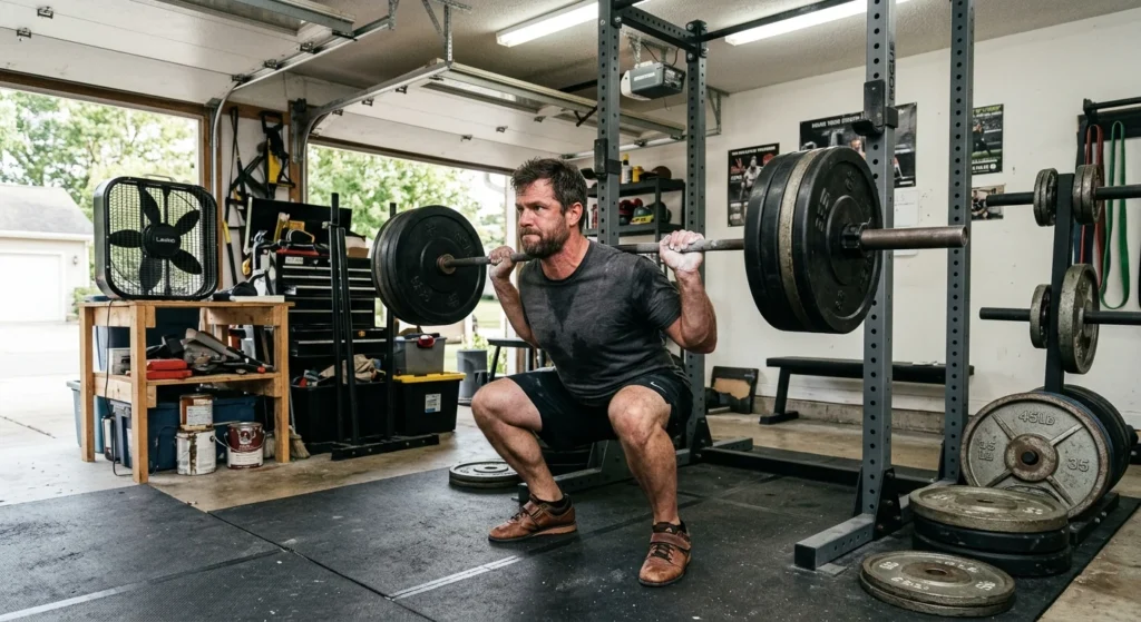 Lifter squatting heavy to build fast twitch muscle fibers in a home gym
