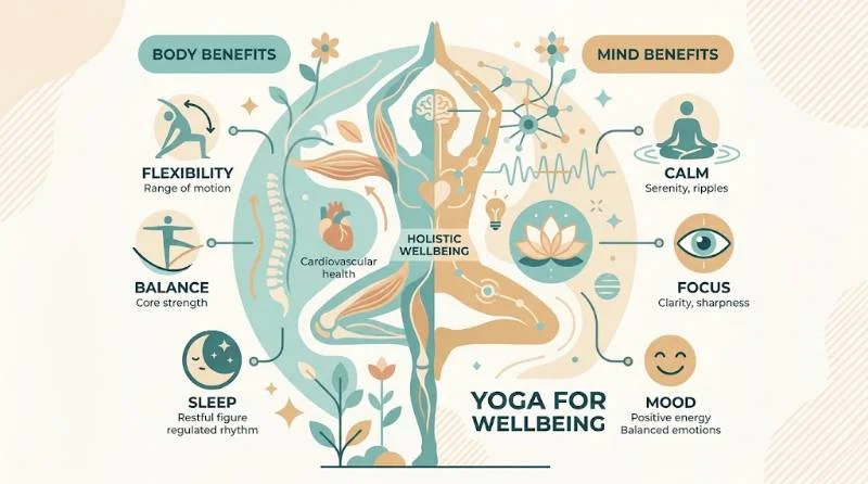 Benefits of Yoga for the Body and Mind 15 Illustration showing the benefits of yoga for the body and mind working together