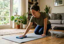 Woman wiping a grey mat with a microfiber cloth to show how to clean a yoga mat at home