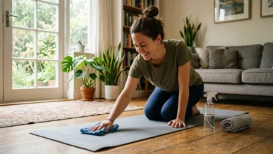 How to Clean a Yoga Mat Without Damaging the Grip 17 Woman wiping a grey mat with a microfiber cloth to show how to clean a yoga mat at home