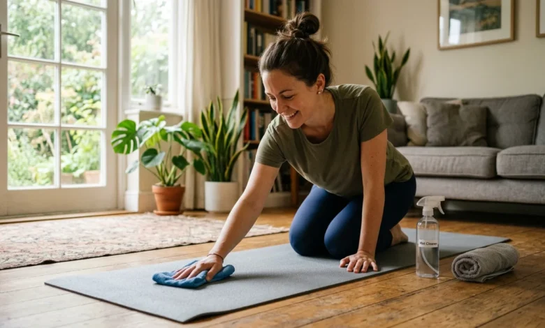 How to Clean a Yoga Mat Without Damaging the Grip 13 Woman wiping a grey mat with a microfiber cloth to show how to clean a yoga mat at home