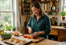 Woman preparing a salmon and vegetable meal as part of how to get rid of inflammation