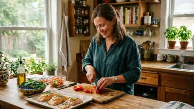 Woman preparing a salmon and vegetable meal as part of how to get rid of inflammation