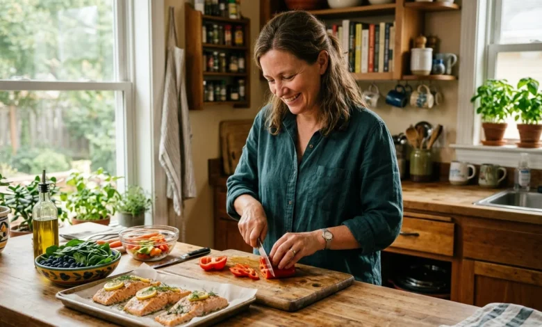 Woman preparing a salmon and vegetable meal as part of how to get rid of inflammation