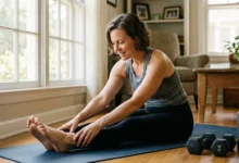 Woman stretching beside dumbbells at home as part of a routine to tighten skin after weight loss naturally