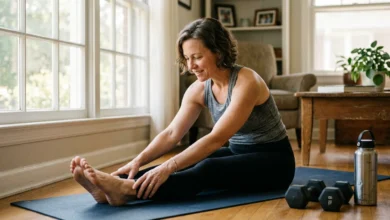 Woman stretching beside dumbbells at home as part of a routine to tighten skin after weight loss naturally