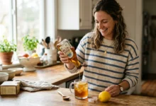 Is agave good for you? Woman drizzling agave nectar into iced tea in a home kitchen