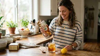 Is agave good for you? Woman drizzling agave nectar into iced tea in a home kitchen