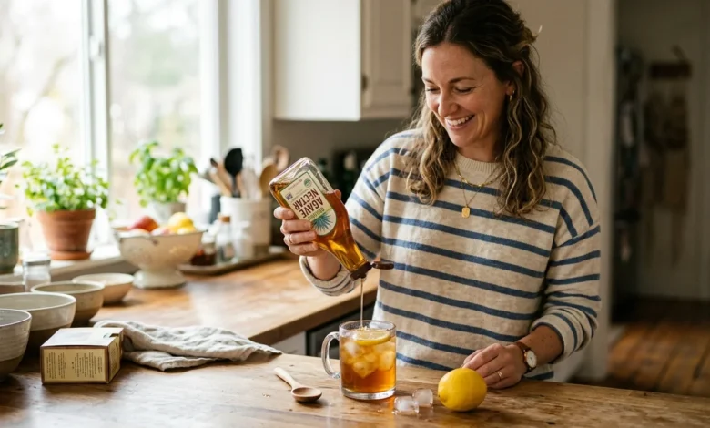 Is agave good for you? Woman drizzling agave nectar into iced tea in a home kitchen