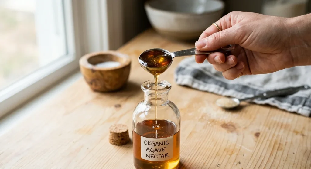 Is agave good for you? One measured spoon of agave nectar showing a realistic serving