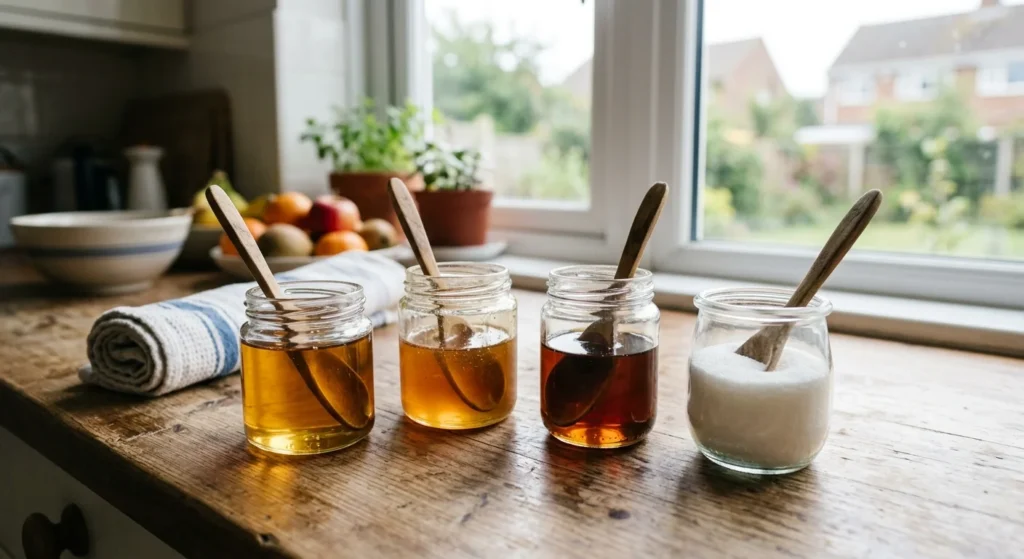 Is agave good for you compared with honey, maple syrup, and sugar on a kitchen counter