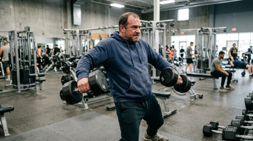 Lateral Raise: Form, Muscles Worked & Mistakes 15 Lifter using momentum and shrugging during a lateral raise exercise