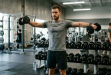 Lifter performing a lateral raise with dumbbells at shoulder height in a gym