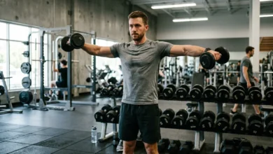 Lateral Raise: Form, Muscles Worked & Mistakes 19 Lifter performing a lateral raise with dumbbells at shoulder height in a gym