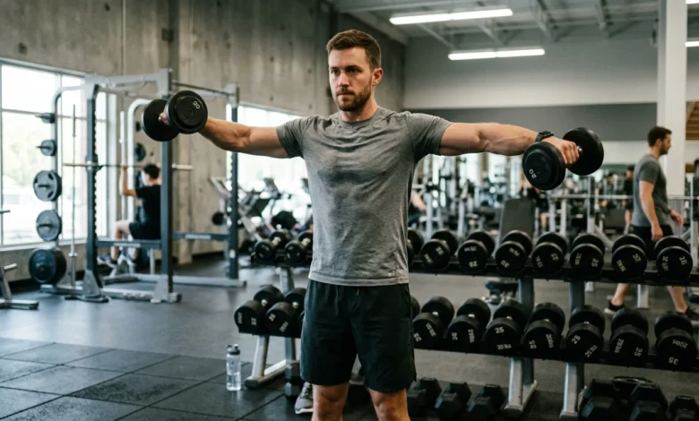 Lateral Raise: Form, Muscles Worked & Mistakes 13 Lifter performing a lateral raise with dumbbells at shoulder height in a gym