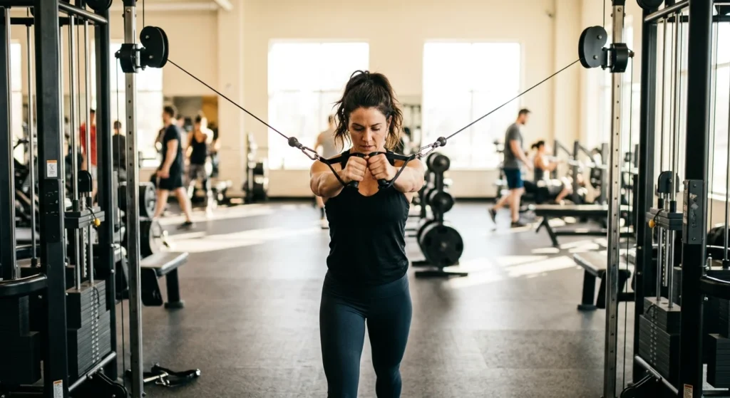 Low-to-high cable fly, one of the best upper chest exercises