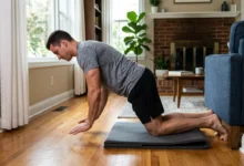 Person doing a nordic hamstring curl at home with heels anchored under a sofa