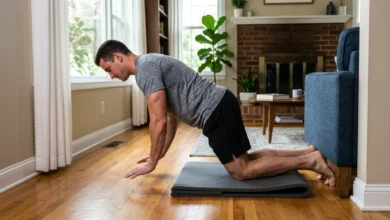 Nordic Hamstring Curl at Home: Setup, Form & Plan 19 Person doing a nordic hamstring curl at home with heels anchored under a sofa