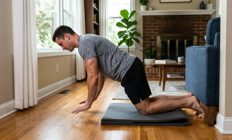 Nordic Hamstring Curl at Home: Setup, Form & Plan 13 Person doing a nordic hamstring curl at home with heels anchored under a sofa