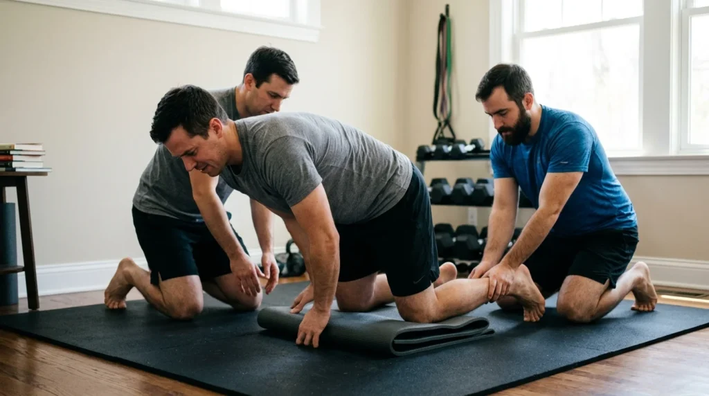 Nordic Hamstring Curl at Home: Setup, Form & Plan 14 Partner holding ankles during a nordic hamstring curl at home