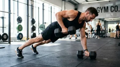 Renegade row: How to do it With Proper Form 17 Person performing a renegade row in a plank position with a dumbbell pulled toward the ribcage