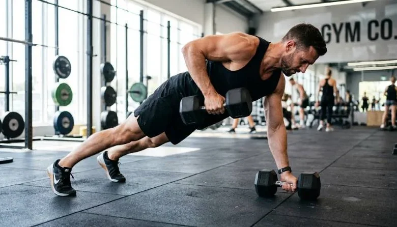 Renegade row: How to do it With Proper Form 13 Person performing a renegade row in a plank position with a dumbbell pulled toward the ribcage