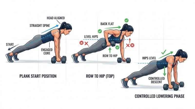 Renegade row: How to do it With Proper Form 14 Step-by-step renegade row form showing plank start, top of the row, and controlled lowering