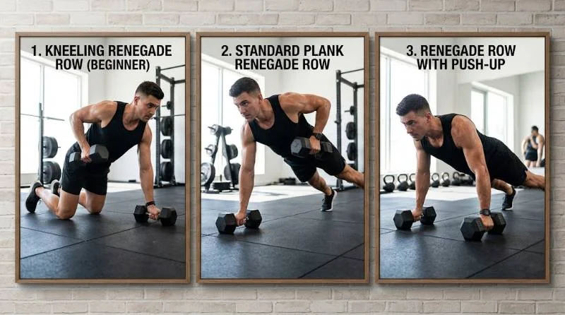 Renegade row: How to do it With Proper Form 15 Three renegade row variations including kneeling, standard, and push-up versions