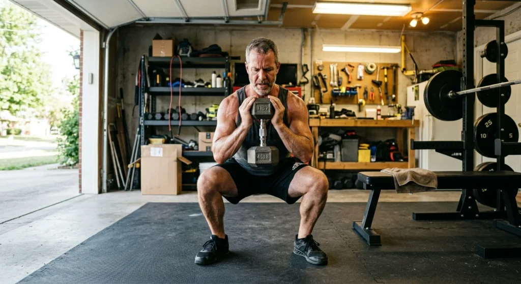 Man doing a goblet squat in a home gym to build muscle and tighten skin after weight loss naturally
