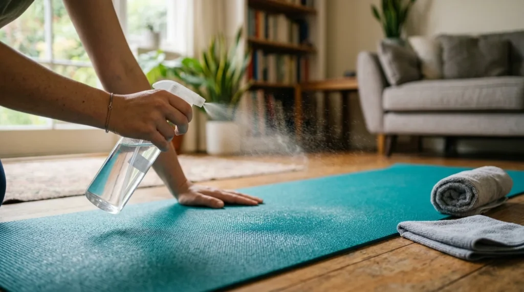How to Clean a Yoga Mat Without Damaging the Grip 14 Hands misting a teal mat with soap spray as the first step in how to clean a yoga ma