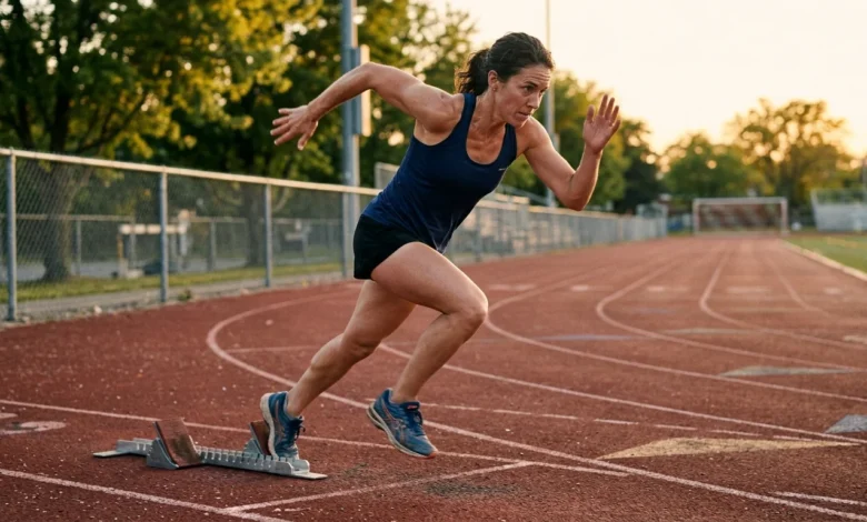 Runner exploding off the start showing fast twitch muscle fibers at work