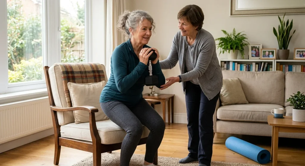 Older adult doing a sit-to-stand to protect fast twitch muscle fibers with age