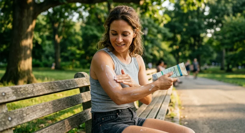Woman applying sunscreen to her upper arm to protect skin while working to tighten skin after weight loss naturally