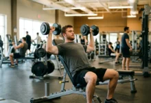 Lifter doing upper chest exercises with an incline dumbbell press in a gym
