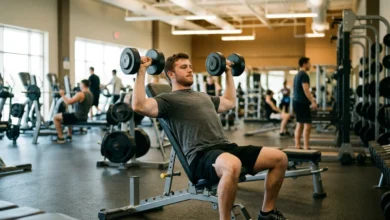 Lifter doing upper chest exercises with an incline dumbbell press in a gym