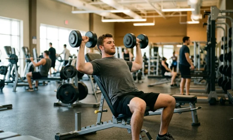 Lifter doing upper chest exercises with an incline dumbbell press in a gym